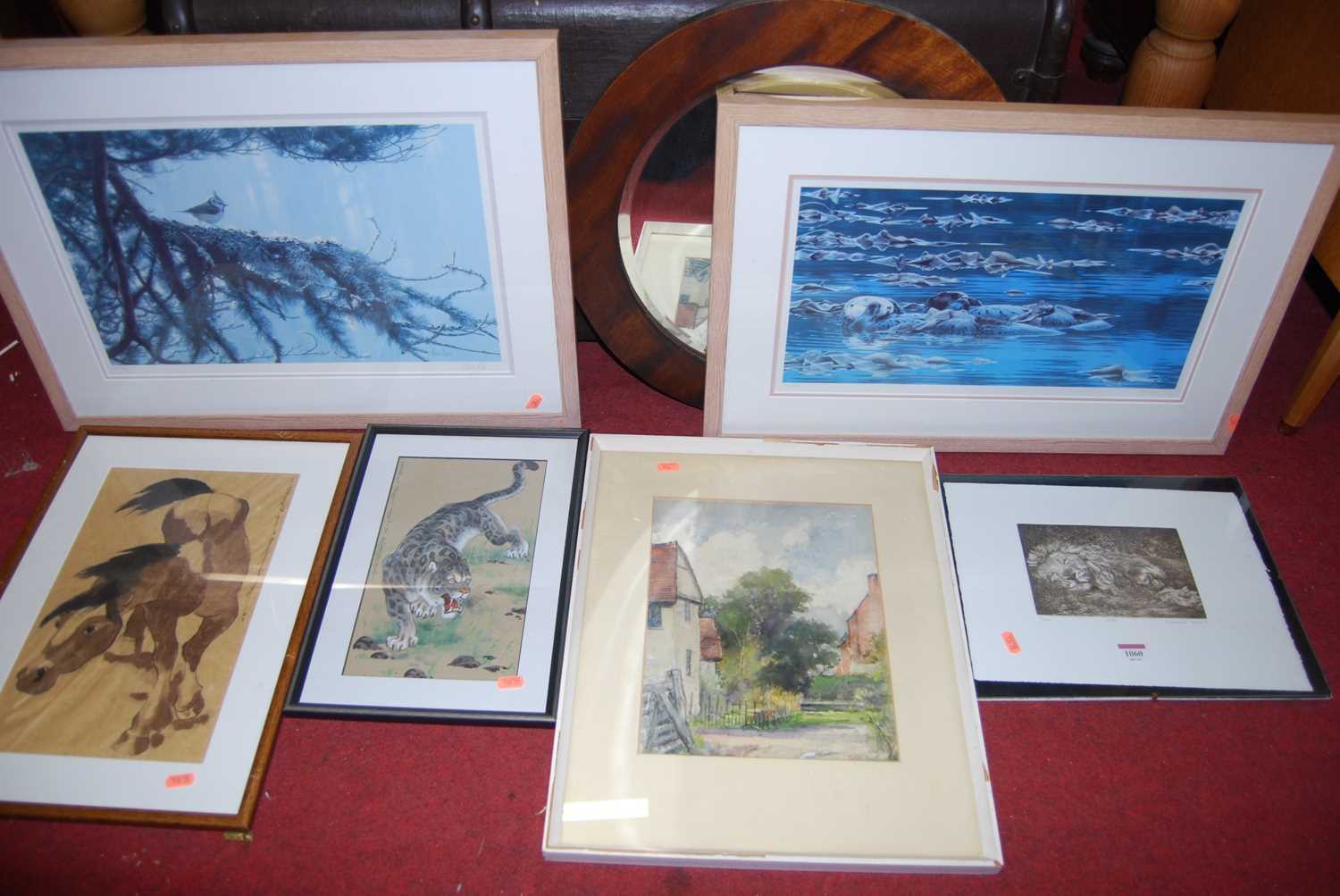 Assorted pictures and prints, and a walnut framed oval wall mirror (6)