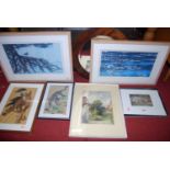 Assorted pictures and prints, and a walnut framed oval wall mirror (6)