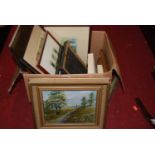 A box of assorted pictures and prints, to include landscape oil