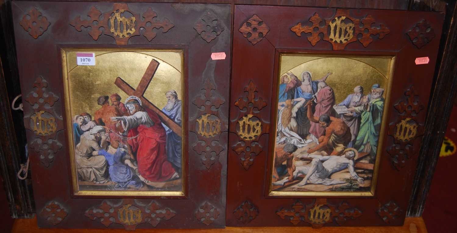 A pair of hand-coloured Biblical engravings, being Christ's Crucifixion. 28x20cm, and in carved