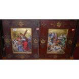A pair of hand-coloured Biblical engravings, being Christ's Crucifixion. 28x20cm, and in carved