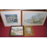 Betty Whitefield - Figures on the riverbank, pastel; and three other amateur watercolours (4)
