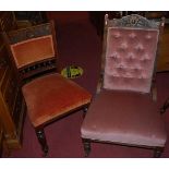 Two similar Edwardian walnut ladies and gents parlour chairs, together with five Edwardian walnut