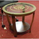 An Art Deco walnut and glass topped circular occasional table, dia.58cm