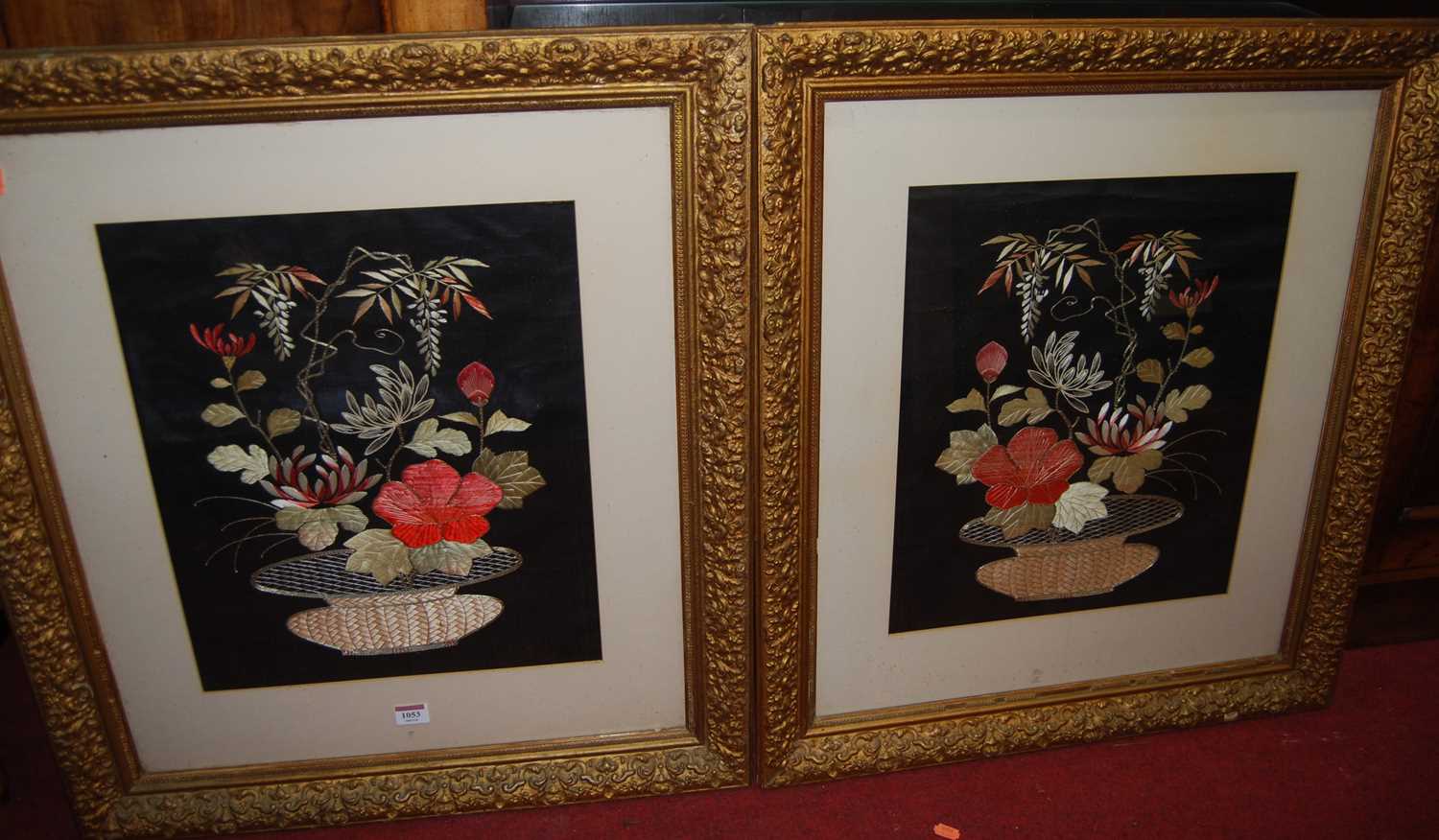 A pair of 1930s floral silk pictures, 45 x 37cm