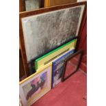 Assorted reproduction pictures and prints, a concert poster, dolls house facade etc