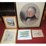 Assorted pictures and prints, to include mountain landscape watercolour, fishing boats in harbour