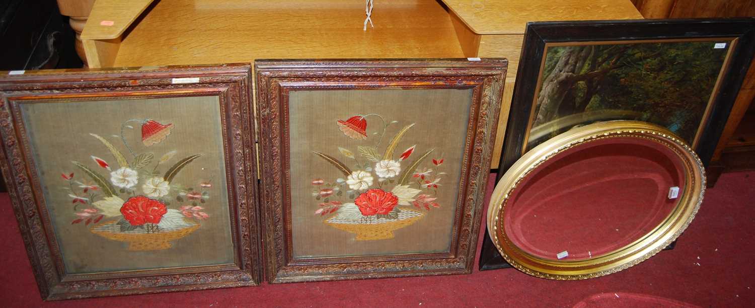 An oval gilt wall mirror, together with a pair of floral silks and a Pear's advertising print (4)