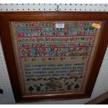 A Victorian woolwork alphabet, number, and verse sampler, signed SA Owen, and dated 1880, 44x33cm