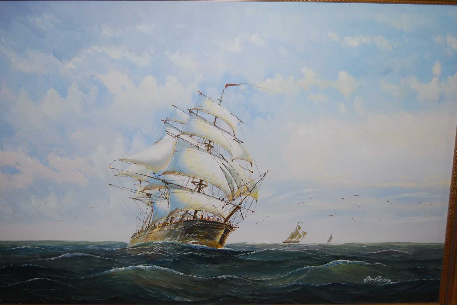 Contemporary school - Clipper ships on choppy seas, oil on canvas, indistinctly signed, 60 x 90cm - Image 2 of 3