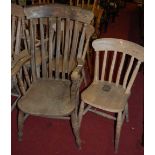 A set of seven faded beech slat back kitchen chairs, together with two similar early 20th century