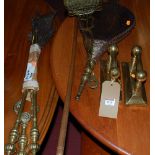 A collection of various brass fireside wares, to include sundry fire tools, a pair of bellows, a