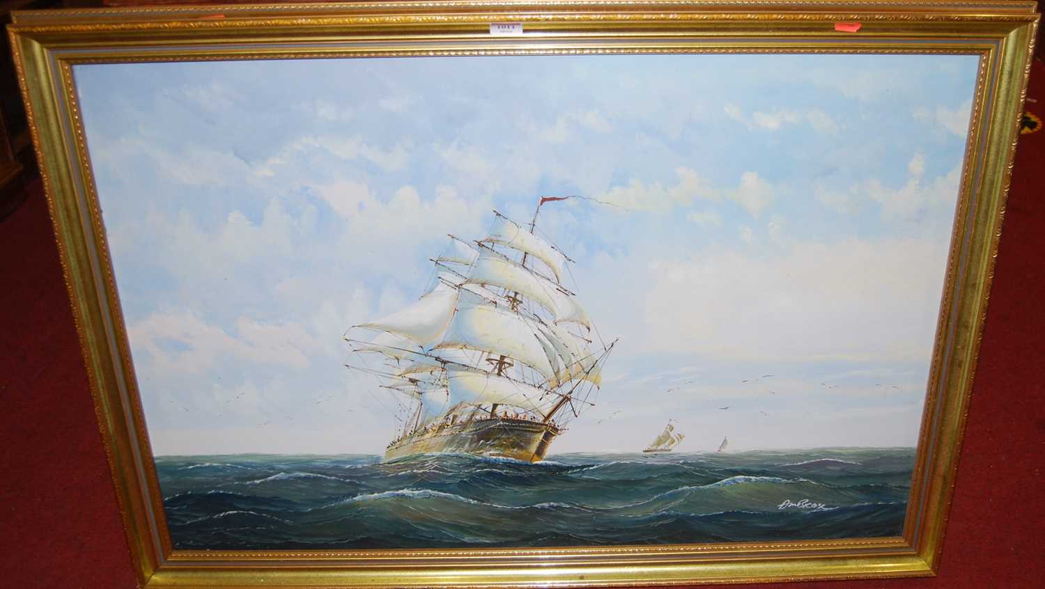 Contemporary school - Clipper ships on choppy seas, oil on canvas, indistinctly signed, 60 x 90cm