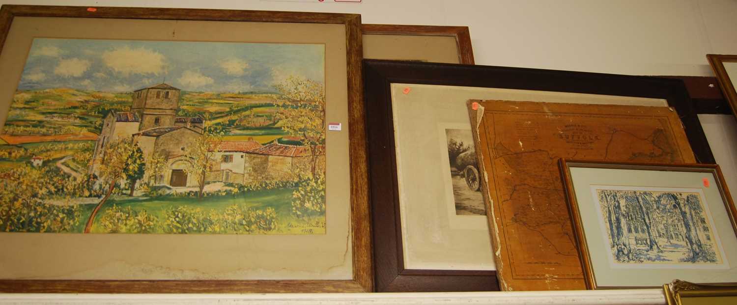 Assorted pictures and prints, to include Morris Ultrillo, Railway & Station Map of Suffolk etc