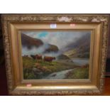 19th century school - Cattle in a Highland landscape, oil on card, 29 x 39cm