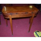 A late George III rosewood and satinwood crossbanded card table, having a D-shaped fold-over top