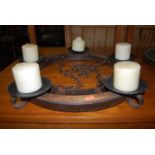 A hardwood and wrought iron bound hanging five candle ceiling light, approx dia.55cm