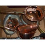Various copper and brass wares, to include a warming pan, saucepans, lidded jug etc (7)