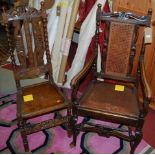 An early 20th century oak cane back single open armchair in the 17th century taste, together with