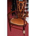 An Edwardian mahogany and satinwood strung tub elbow chair, w.53cm