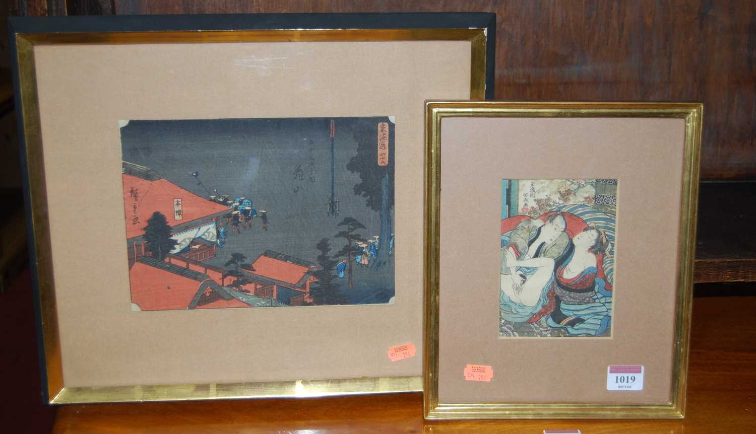 A Japanese erotic woodblock print, 14 x 10cm; and one other (2)