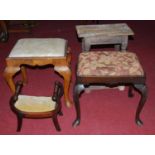 A George II style mahogany dressing stool having upholstered seat on shell carved cabriole