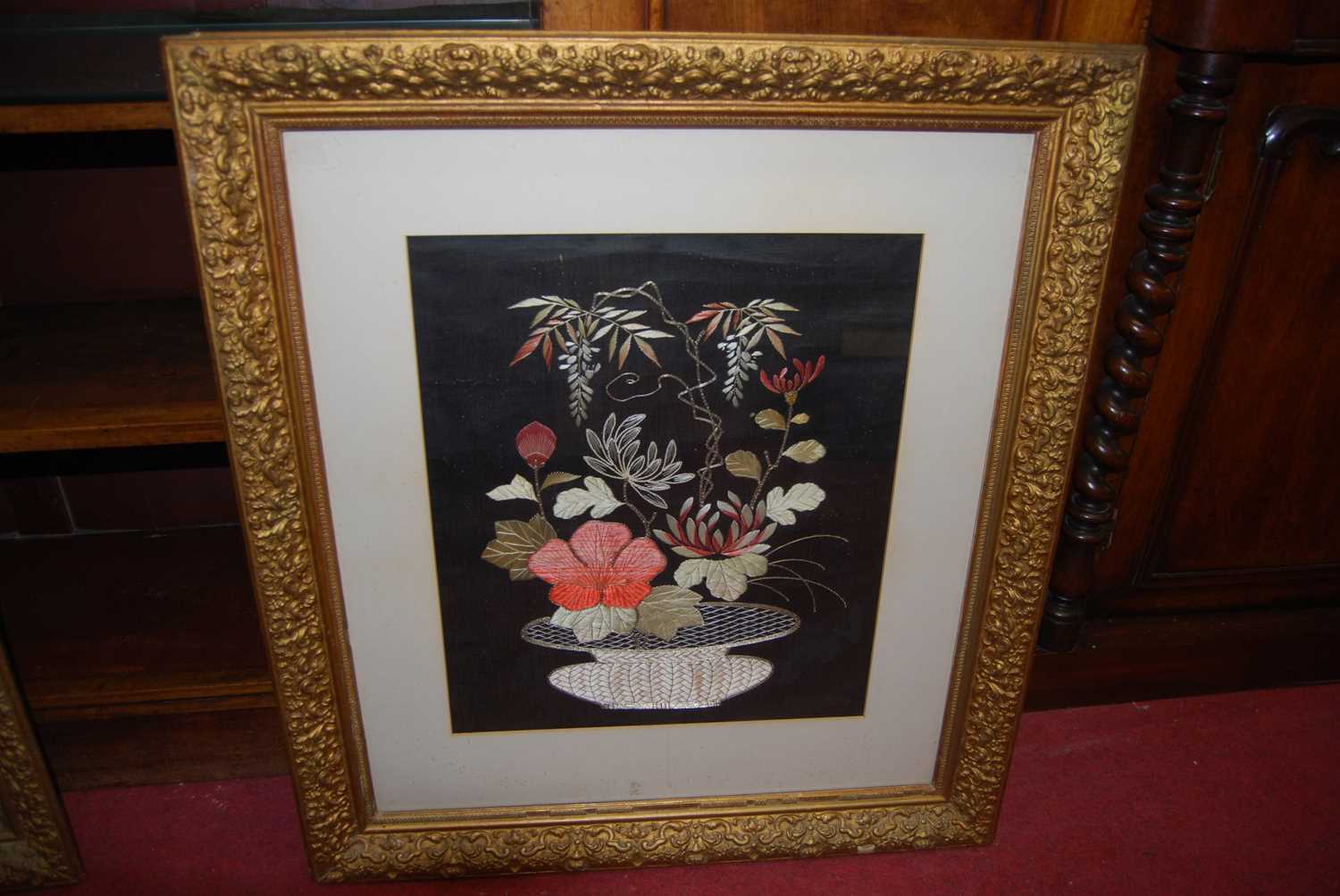 A pair of 1930s floral silk pictures, 45 x 37cm - Image 3 of 3