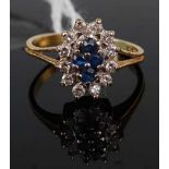 An 18ct gold, sapphire and diamond flower-head cluster ring, 2.5g, size I
