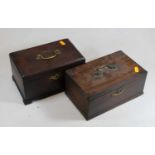 A George III mahogany box, of plain rectangular form, the lid with brass swing handle and brass