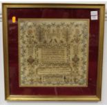 A 19th century needlework verse and picture sampler by Jane Millidge aged 8, 32 x 32cm