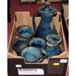 A 20th century mottled blue glazed studio pottery coffee service (7)