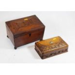 A Regency mahogany tea caddy, of sarcophagus form with kite shaped escutcheons standing on four ball