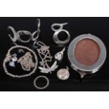 Modern silver and white metal costume jewellery, to include beaded bracelet, pendants, cuff