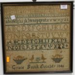 A mid-19th century needlework alphabet, number, and picture sampler, by Grace Smith, dated October