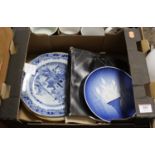 A small box to include; 19th century Chinese underglaze blue & white painted plate, Bing &