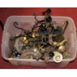 A box of various metalware to include; pair of brass water jugs, silver plated kettle, decorative