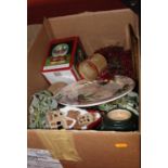 A box of miscellaneous items, to include a Windsor Collection Christmas musical globe, faux