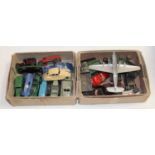 Two boxes of loose and playworn diecast toy vehicles to include Dinky Toys Armstrong Whitworth