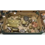 A box of miscellaneous metalware, to include brass desk-stand, various brass ornaments, hand