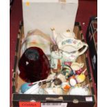 A box of mixed effects to include; sundry china wares, cranberry vase, Masons jug, etc