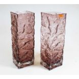 A pair of 20th century purple tinted square glass vases, 31cm high