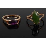 A modern 9ct gold amethyst set dress ring, size N; together with a modern 10ct gold and green jade