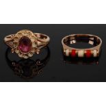 A vintage 9ct gold amethyst set dress ring, size J; together with a 9ct gold, red and white enamel