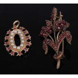 An Edwardian yellow metal seed pearl and ruby set pendant, 3.3g, 2.7cm together with a gilt metal