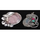 A modern silver and rose quartz set brooch, 6cm; together with a base metal and semi-precious set