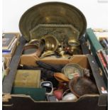 Two boxes of mixed effects to include; sundry copper and brassware, AA badge, treenwares,