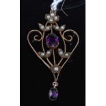 An Edwardian amethyst and seed pearl set openwork pendant, 2.1g, 4.5cm