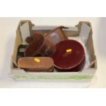 A collection of miscellaneous items to include a red leather collar box and brown leather brush