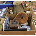 Two boxes of mixed effects to include; mostly blue & white dinner wares, pair of bellows, studio