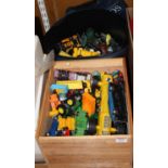 Two boxes of assorted loose and playworn diecast and plastic toy vehicles